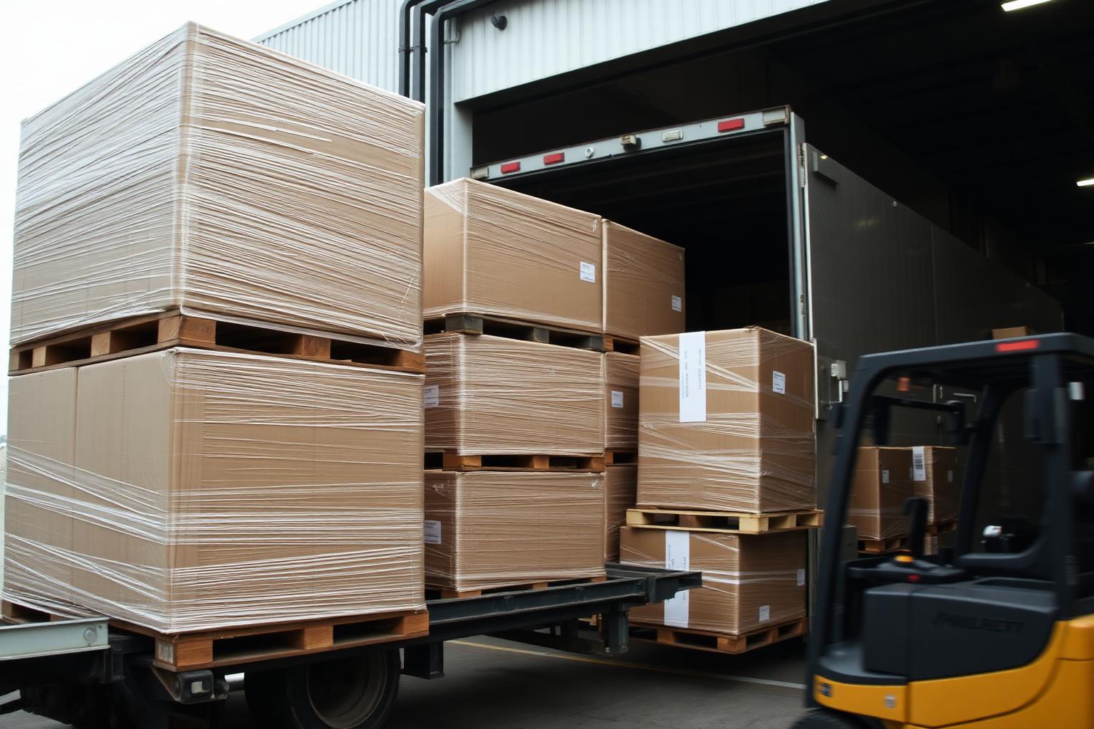 Pallets met ingesealde dozen worden in een vrachtwagen geladen